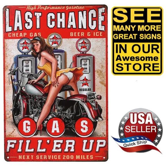 Metal Sign • Pinup Girl • Panties Butt Cheeks • V-Twin Motorcycle • Gas Beer Ice - Picture 1 of 9